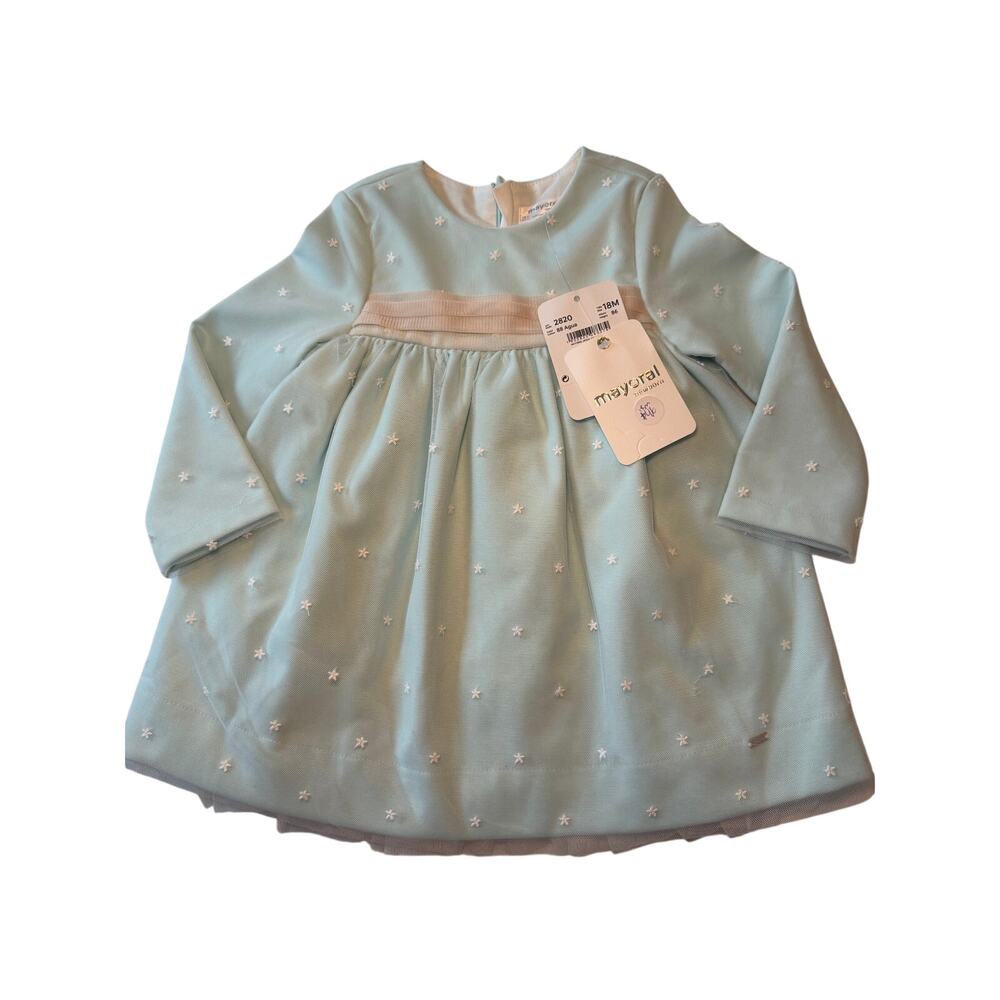 Mayoral mint blue tulle overlay star embroidered dress 18/24m NEW
